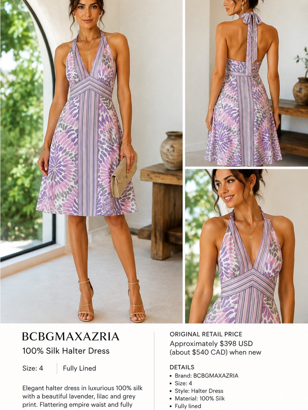 BCBGMAXAZRIA Lavender Halter Silk Dress